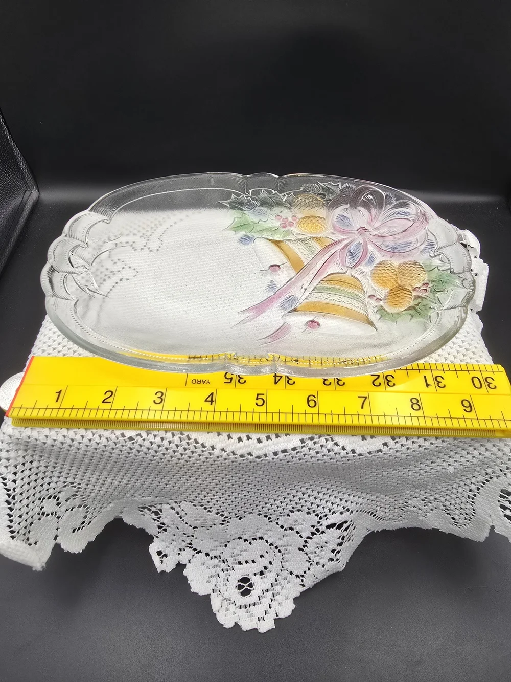Festive Decorative Glass Holiday Platter with Bell and Pinecone Motif